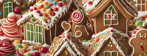 Abstract wallpaper illustration of of gingerbread house decoration, AI generated