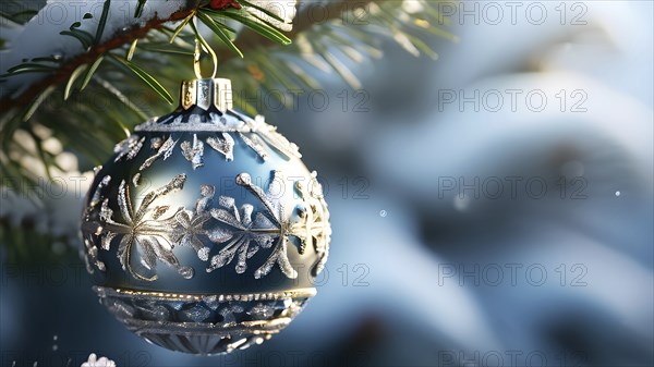 Set of Christmas ornaments hanging on a snow-covered pine tree branch, with frost clinging to the