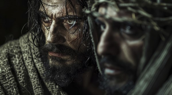 Judas Iscariot plotting to betray Jesus and his disciples. Concept of greediness and betrayal, AI