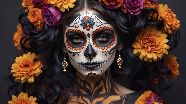 Woman in an extravagant dia de los muertos costume and a vibrant face makeup, AI generated