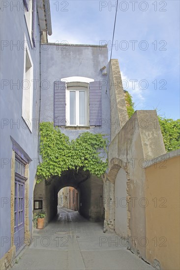 Narrow alley with archway and houses, idyll, purple shutters, L'Isle-sur-la-Sorgue, Vaucluse,