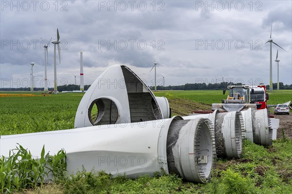 Repowering, dismantled Enercon E-58 wind turbine in a wind farm near Issum, 9 older wind turbines
