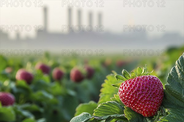 Agricultural field with growing strawberry fruits and factory with grey fumes in blurry background.