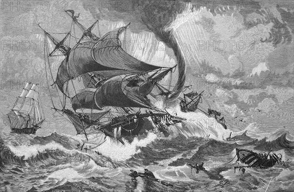 A ship in the South Atlantic Ocean, caught by a tornado, Tornado, Historical, digitally restored