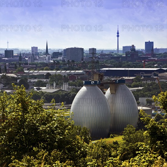 City panorama from Deusenberg with digesters and Florianturm, Dortmund, Ruhr area, North