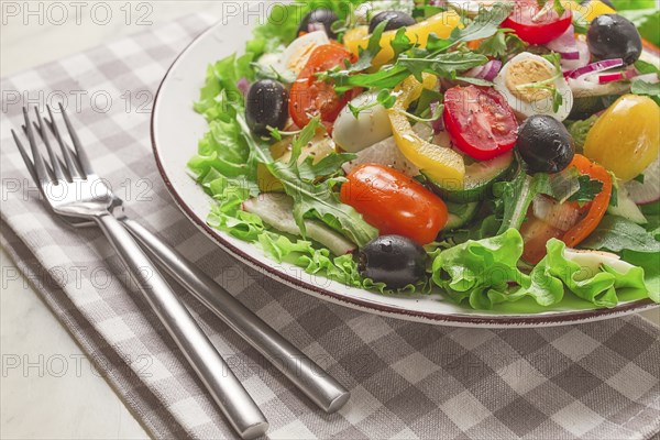 Vegetable salad, with quail eggs and olives, fresh, close-up, no people