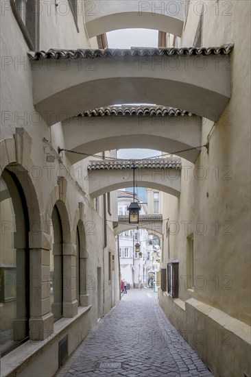 Narrow alley with historic architecture and a lantern, covered by traditional elements,