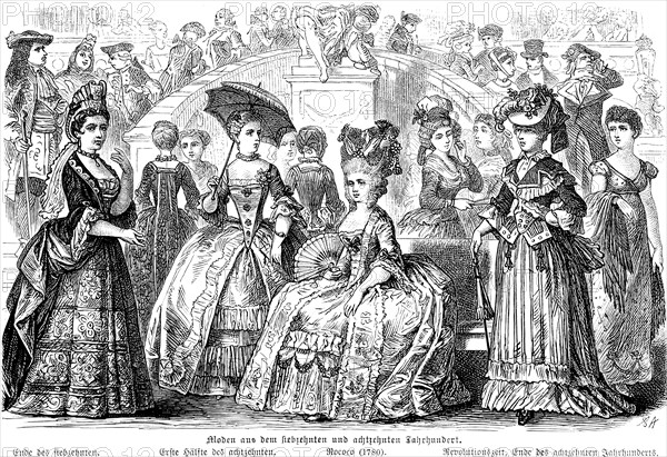 Fashions from the 17th and 18th century, ladies, dresses, hat, umbrella, society, social upper