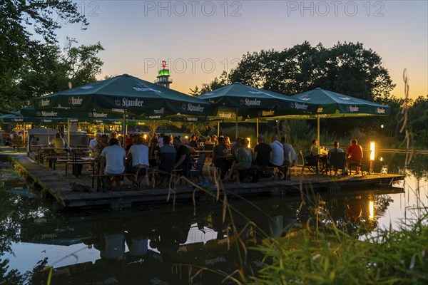 Grugapark, beer garden water garden, at the main entrance, Grugaturm, Essen, Germany, Europe