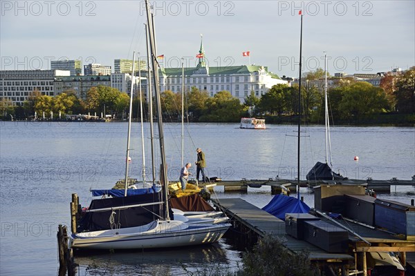 Europe, Germany, Hamburg, Outer Alster Lake, View to Hotel Atlantic, Jetty, Hamburg, Hamburg,