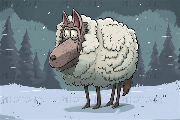Illustration, funny caricature of a wolf in sheep's clothing, example of a figure of speech,