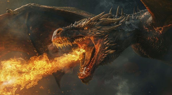 Flying dragon is spewing fire from its mouth, AI generated