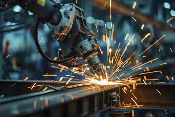 Close up of automated industrial laser cutting material with sparks. KI generiert, generiert, AI
