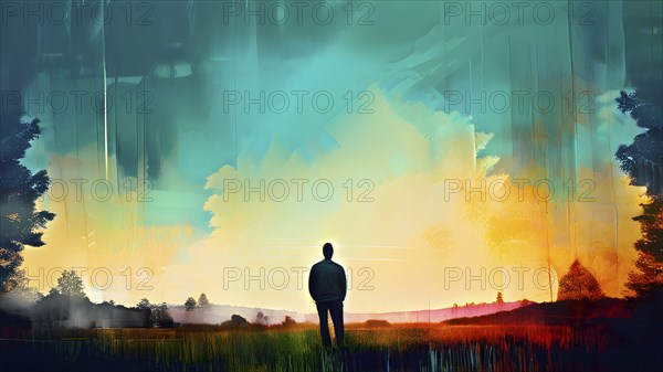AI generated painting of a surreal landscape with a lonely human with digital brush strokes