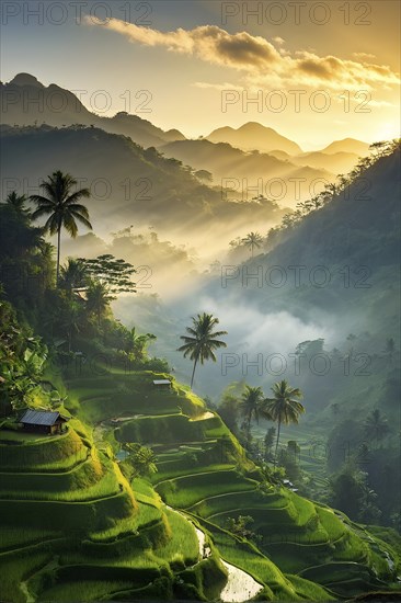 Early morning light bathes Philippines rice terraces cascading down mountain slopes, AI generated