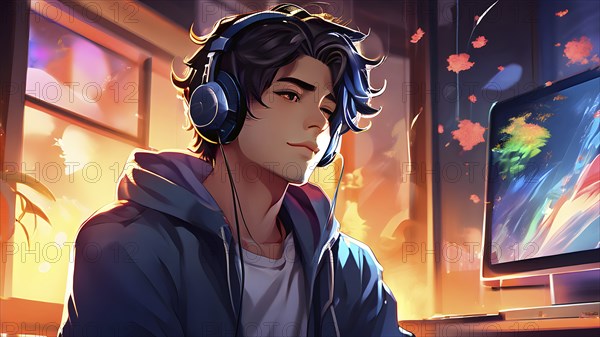 Anime style portrait of a boy with large headphones engulfing his ears, AI generated