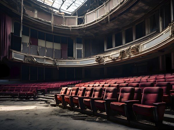 Abandoned theater with tattered seats and an empty stage, AI generated
