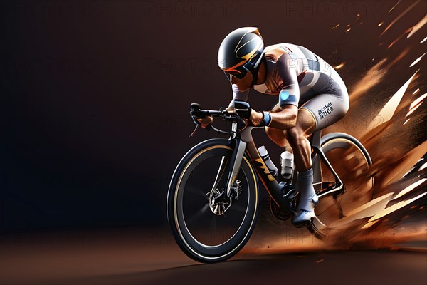 Abstract digital render of an olympic triathlete on the bike morphing into fluid shapes, AI