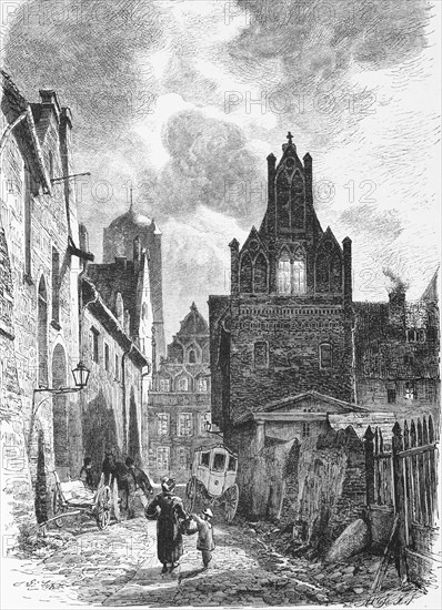 Alley in Stralsund, Baltic Sea, Mecklenburg-Western Pomerania, Germany, carriage, mother, child,