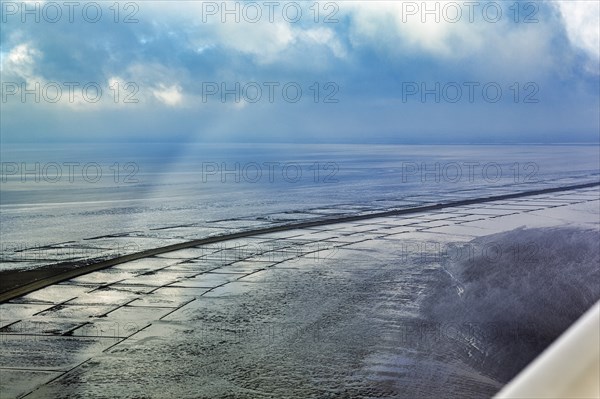 View of the Hindenburgdamm, railway line on a dam, aerial view, Wadden Sea, Sylt, North Sea,