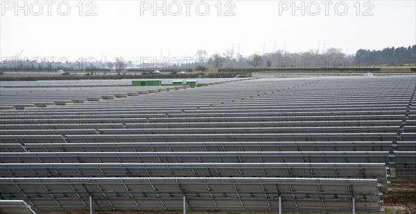 Solar array of photovoltaic panels in a large new solar park at Bucklesham, Suffolk, England,