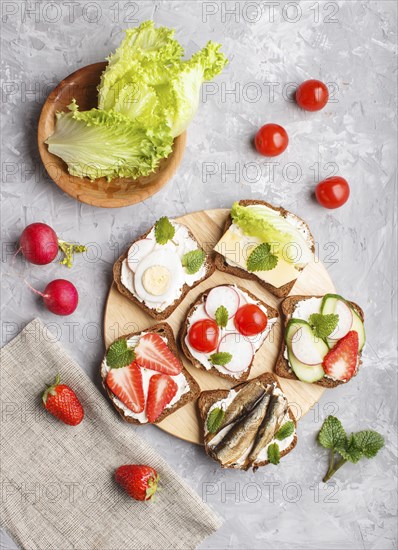 Set of different sandwiches with cheese, radish, lettuce, strawberry, sprats, tomatoes and cucumber