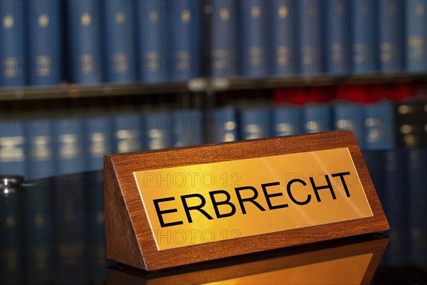 Symbolic image of inheritance law: Brass sign with the inscription Erbrecht in front of a large