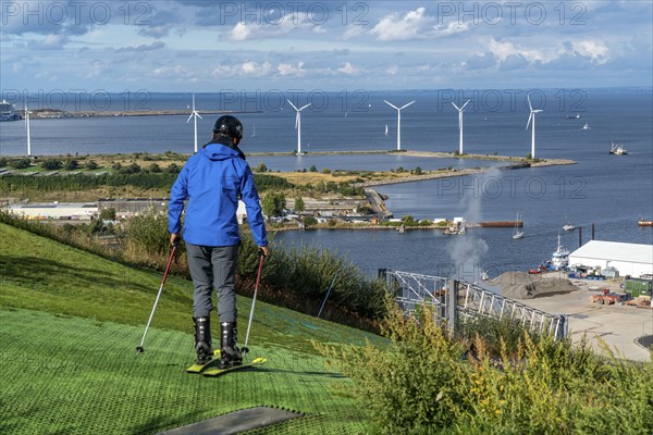 CopenHill, waste incineration plant and artificial ski slope, skiing with a view of the Øresund, 90