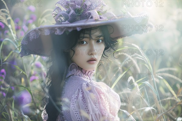 Beautiful young Asian woman dressed up with unusual pastel violet Halloween witch costume hat and