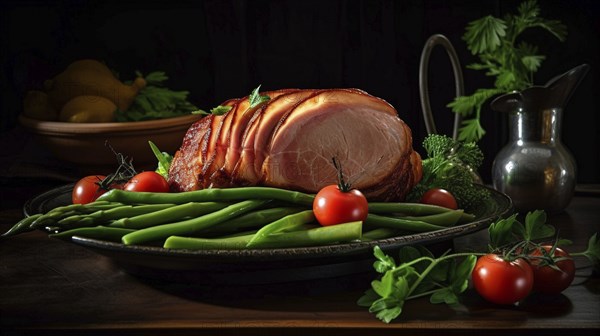 Succulent honey ham with vegetables meal, generative AI, AI generated