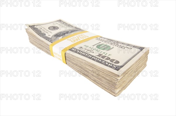 Stack of ten thousand dollars worth of one hundred dollar bills isolated on white background