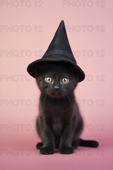 Cute young black cat with Halloween costume witch hat in front of pink studio background. KI