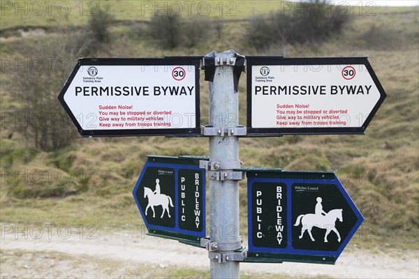 Byway and bridlepath access signs on signpost, Salisbury Plain, Wiltshire, England, UK