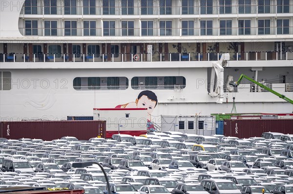 Parking space for import vehicles, hundreds of Hyundai Ioniq, electric cars, waiting for onward