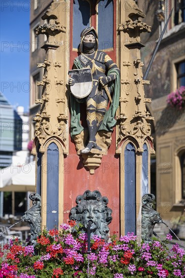 Close-up of the fish box fountain on the market square, Ulm, Baden-Württemberg, Germany, Europe