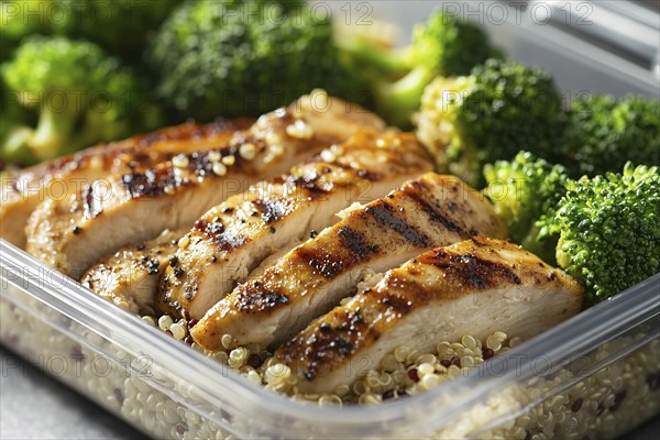 Meal prep with healthy grilled chicken breast, broccoli vegetable and quinoa. Generative Ai, AI