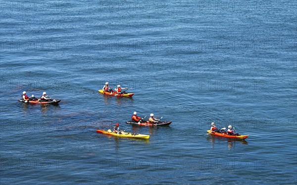 People on kayaks, White Cliffs. Old Harry Rocks Jurassic Coast, Dorset Coast, Poole, England,