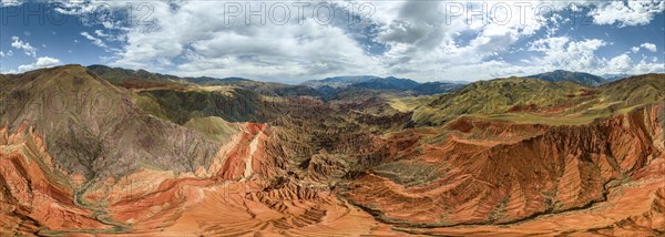 Panorama, Eroded mountain landscape, Canyon with red and orange rock formations, Aerial view,