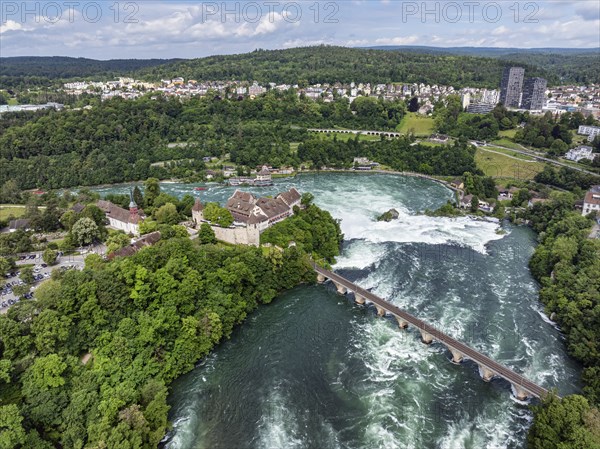 Aerial view of the Rhine Falls with railway viaduct and Laufen Castle, Neuhausen, Canton