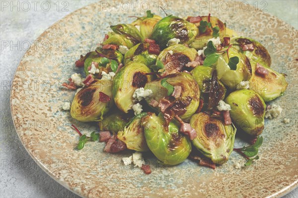 Roasted brussels sprouts, with bacon, vegetarian food, homemade, no people