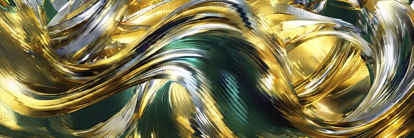 Abstract Illustration of energetic and dynamic swirl of gold, silver, and deep green hues,