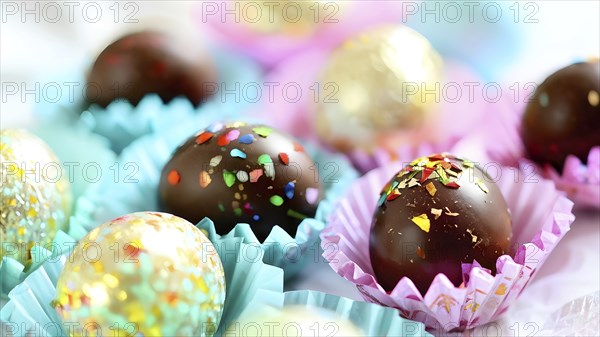 Small chocolate Easter eggs wrapped in shiny foil, placed on a bed of shredded pastel-colored