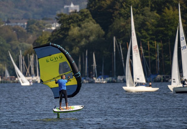 Lake Baldeney in Essen, reservoir of the Ruhr, sailing boats, foil surfers, hydrofoil, Essen, North