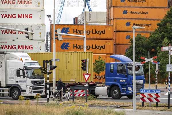 Europoort harbour, Waalhaven area, large container stack, warehouse, at RST Container Terminal,
