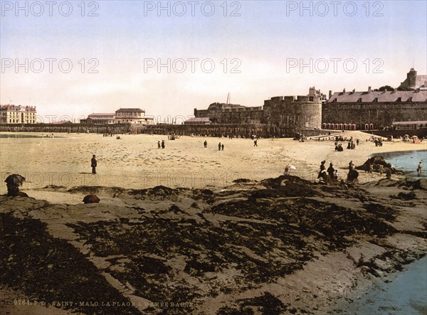 Beach at low tide, St. Malo, Brittany, France, ca 1890, Historic, digitally restored reproduction