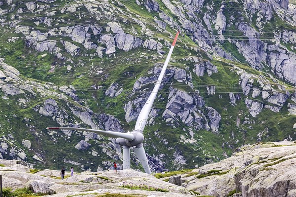 Gotthard Pass. Pass summit with wind turbine, wind power plant. Airolo, Canton Ticino, Switzerland,