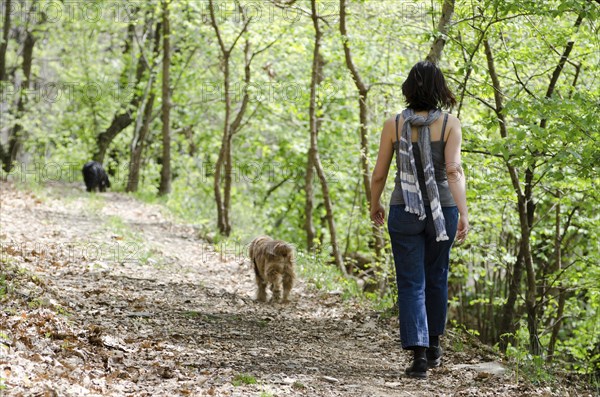 Woman Walking on the Path in the Forest with Her Two Dogs in a Sunny Day in Ascona, Ticino,