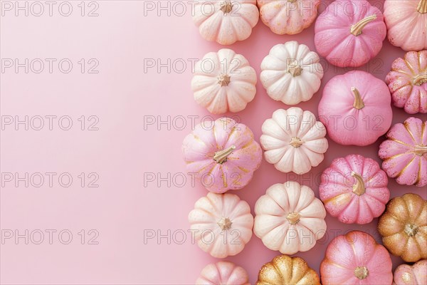 Top view of pink and golden pumpkins on side of pastel pink background with copy space. Generative