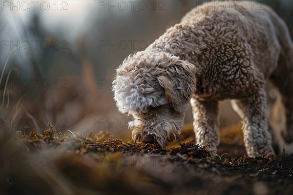 Lagotto Romagnolo dog searching for truffles in forest. Generative Ai, AI generated