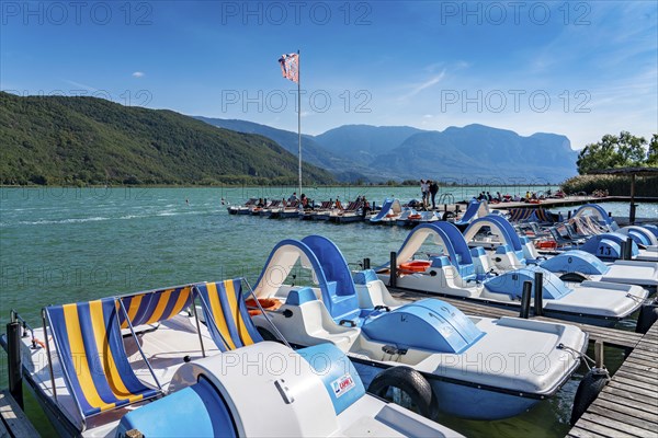 Boat hire, pedal boats, Gretl am See lido on Lake Kaltern, near the village of Kaltern, in the